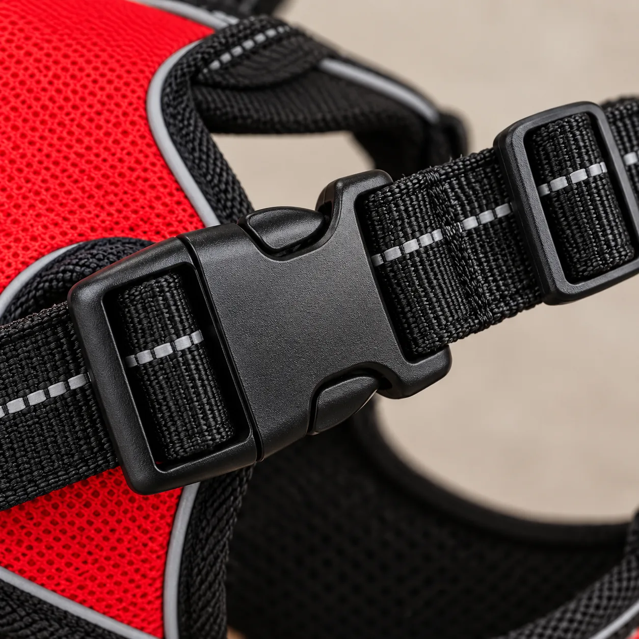 Macro of a closed black side-release buckle on the girth strap, with the webbing and an adjustment slider beside it