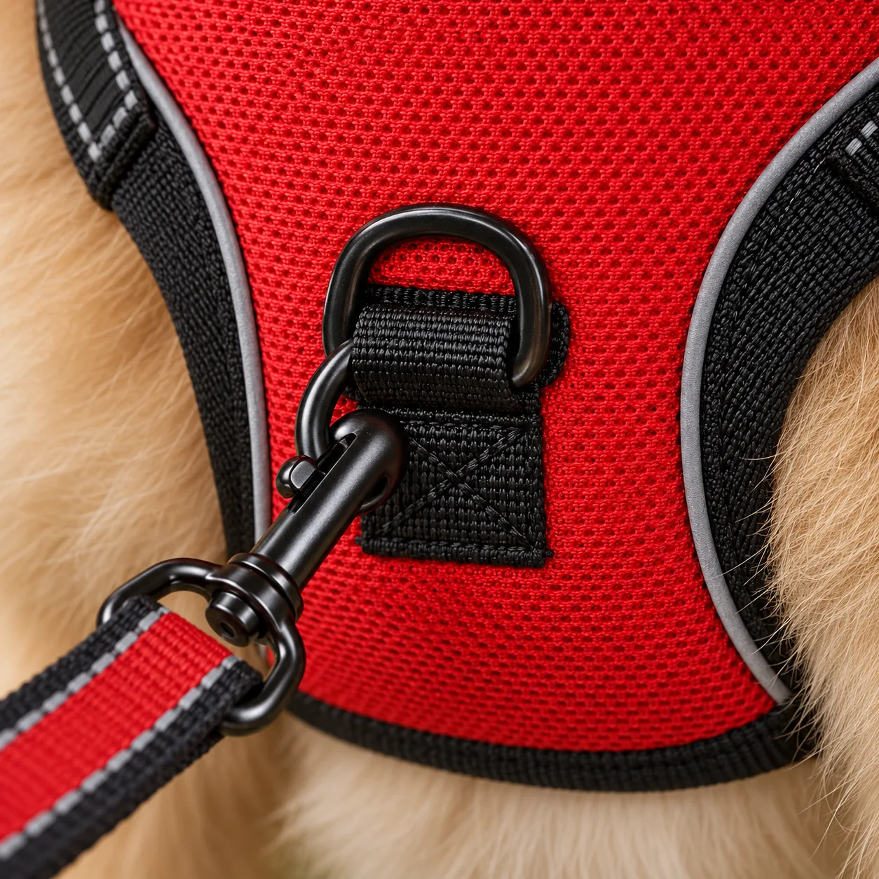Close-up of the chest D-ring on its webbing tab, box-stitched through the red padded panel, with a leash snap hook clipped in