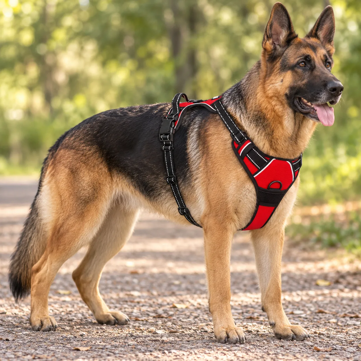 Large deep-chested German Shepherd type in profile wearing the red harness, girth strap sitting behind the elbows on the narrow part of the ribcage