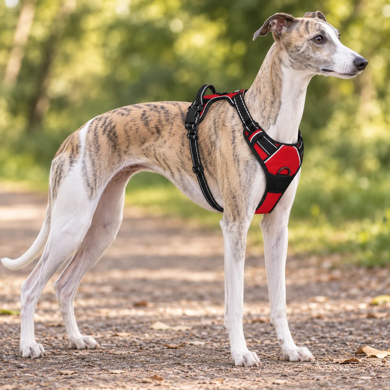 Whippet in full profile wearing the red harness, its very deep narrow ribcage and tucked waist visible, chest panel sitting low on the breastbone