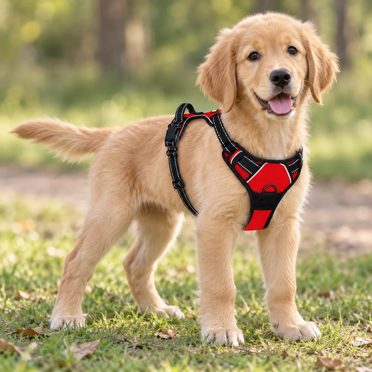 Four-month-old puppy wearing the red harness fitted to its current size, with spare webbing left in the adjustment sliders