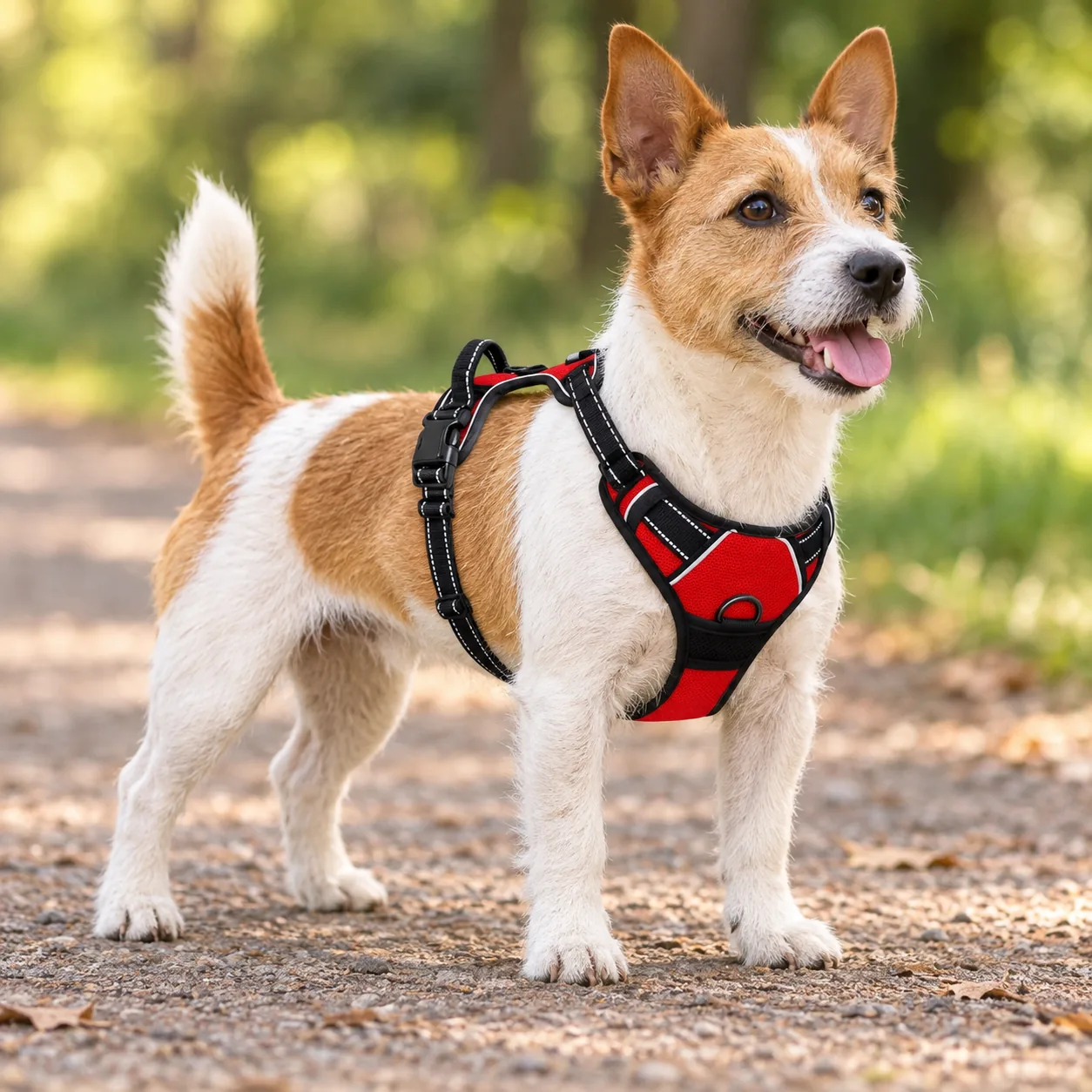 Small terrier-type dog standing in profile wearing the red harness in its smallest size, chest panel low on the breastbone