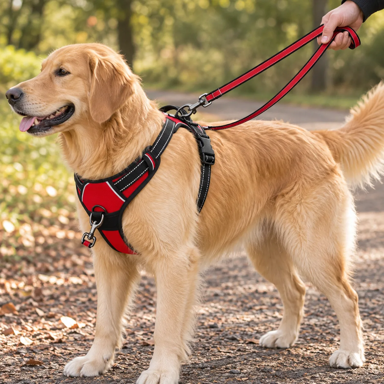 A double-ended leash with one snap hook on the chest D-ring and the other on the back D-ring, the two branches running together to the handler