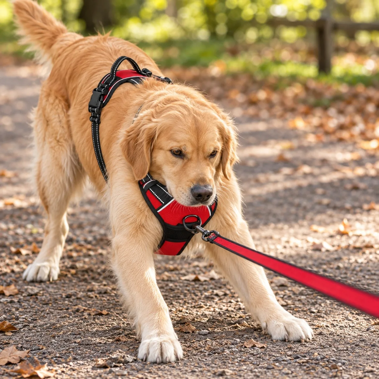 Dog with its front feet planted and shoulders dropped, throwing its weight backwards against a taut leash while the harness stays in place