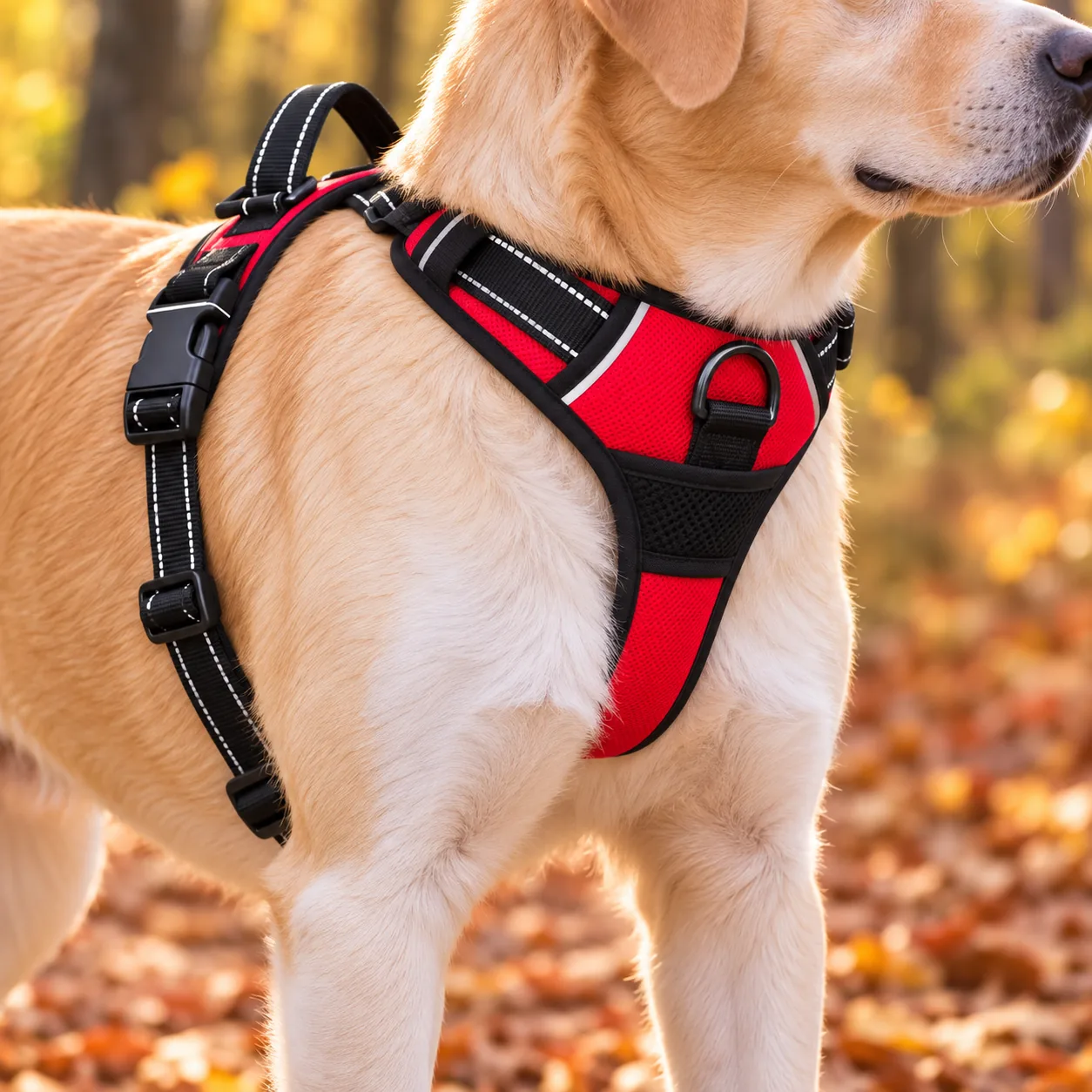 The same dog with the chest panel ridden up against the base of the throat and the D-ring sitting under the chin