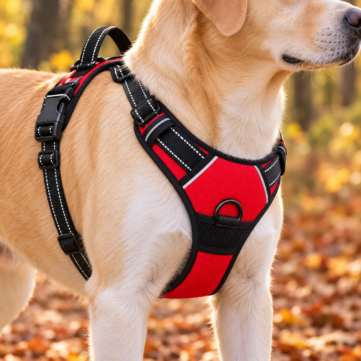 Side view of a dog wearing a red harness with the chest panel sitting low on the breastbone, the D-ring centred well below the throat