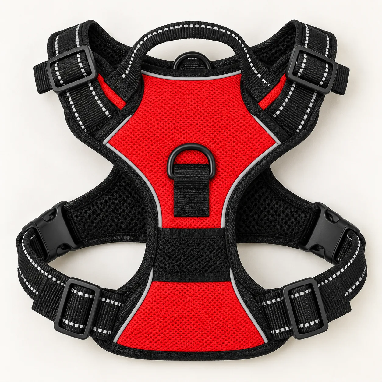 The harness seen from above with its four black ladder-lock sliders visible, two on the neck straps and two on the girth straps