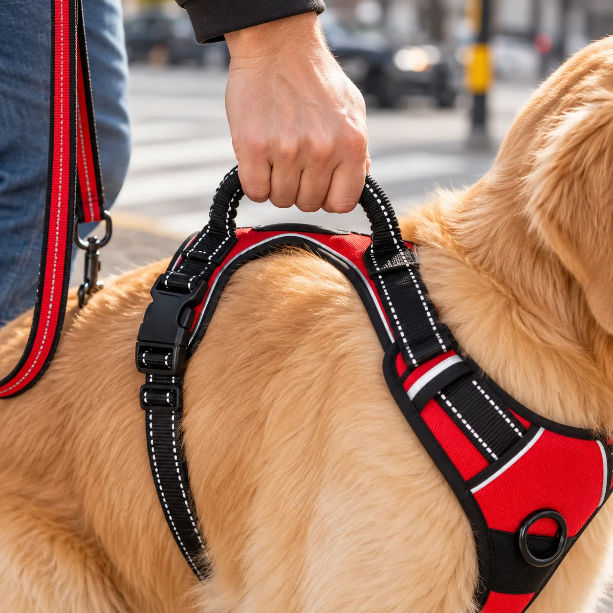 A hand closed around the padded top handle of the harness on a dog's back, the webbing taut under the fingers, at a city kerb