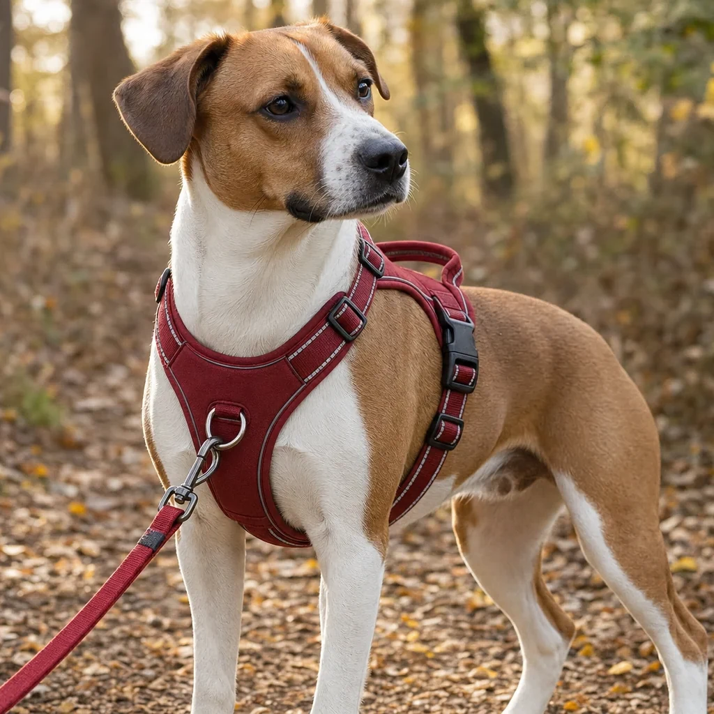 Dog on a woodland path wearing a red no-pull harness with the leash clipped to the chest ring