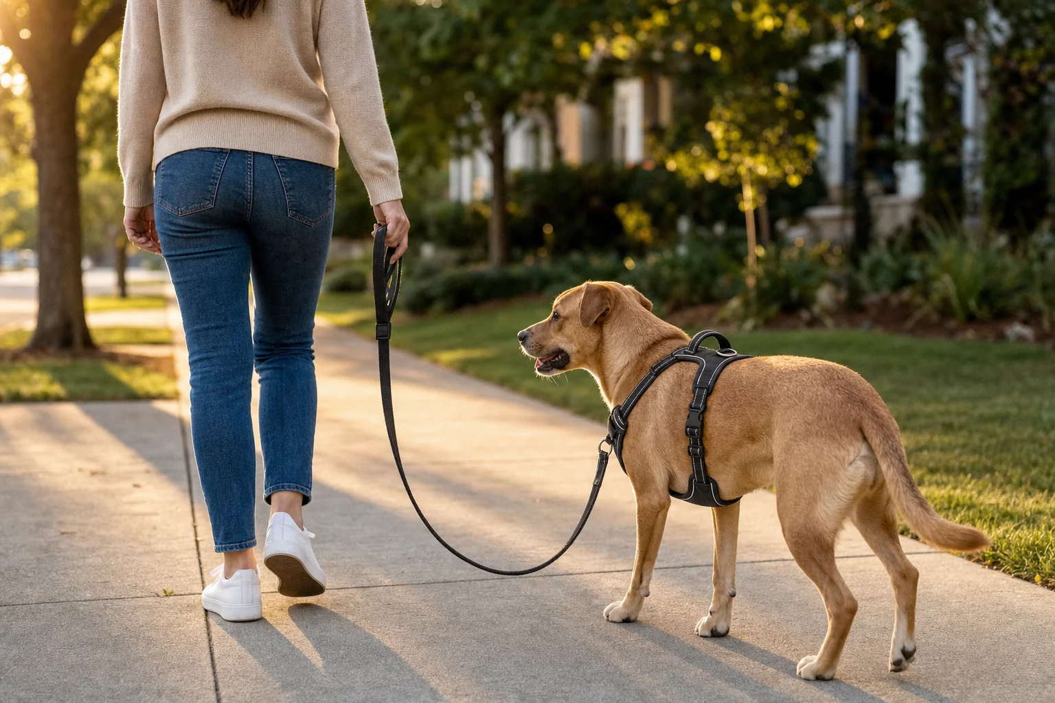 Owner walking a tan dog on a visibly slack leash along a suburban pavement