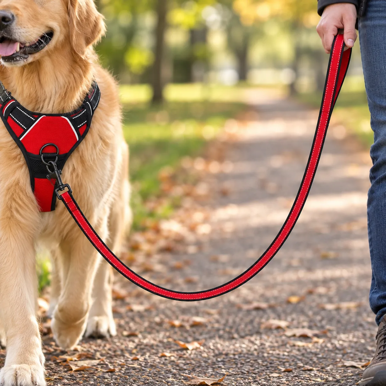 Close view of a red leash hanging in a deep slack U-shaped curve between the owner's hand and the chest ring of the harness