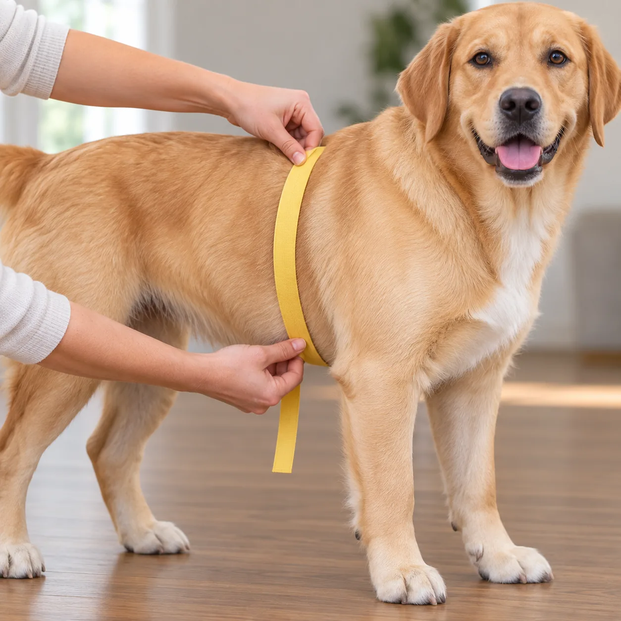 Two hands holding a soft tape wrapped around a dog's ribcage immediately behind the front legs, at the deepest part of the chest