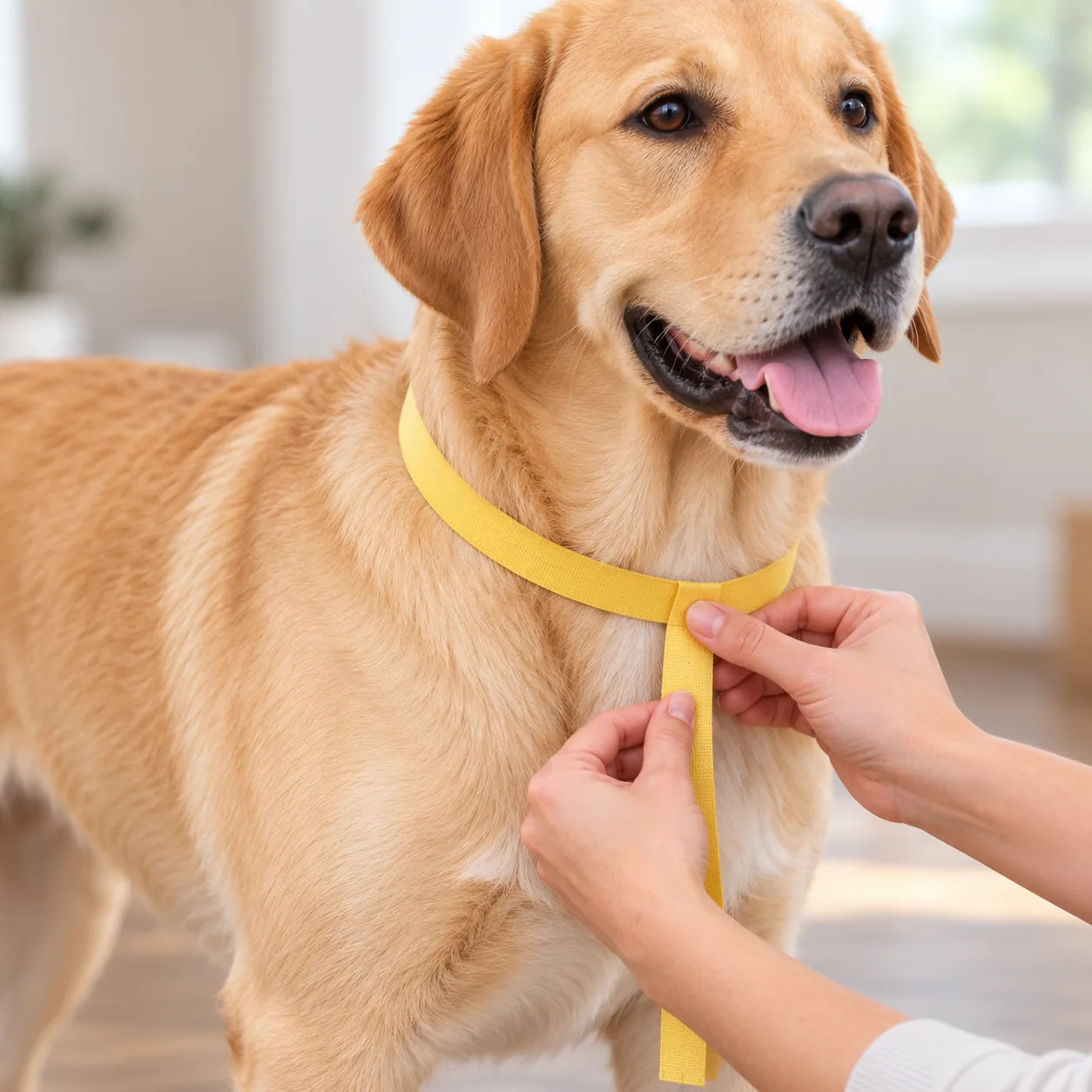 Hands holding a soft tape around the base of a dog's neck, low where the neck meets the shoulders rather than high where a collar sits