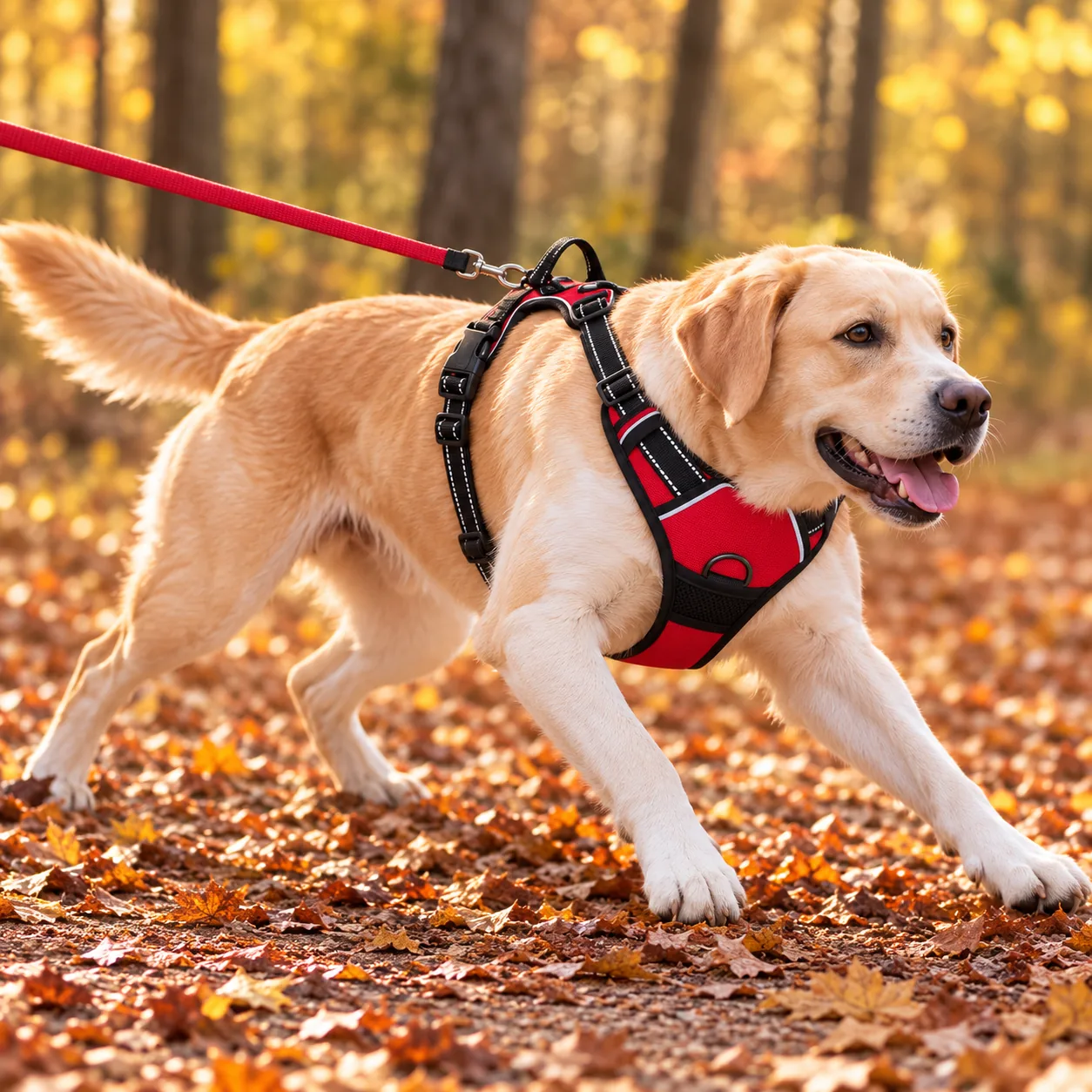 Dog pulling hard against a leash clipped to the back ring between the shoulder blades, body driving forward in a straight line like a sled dog