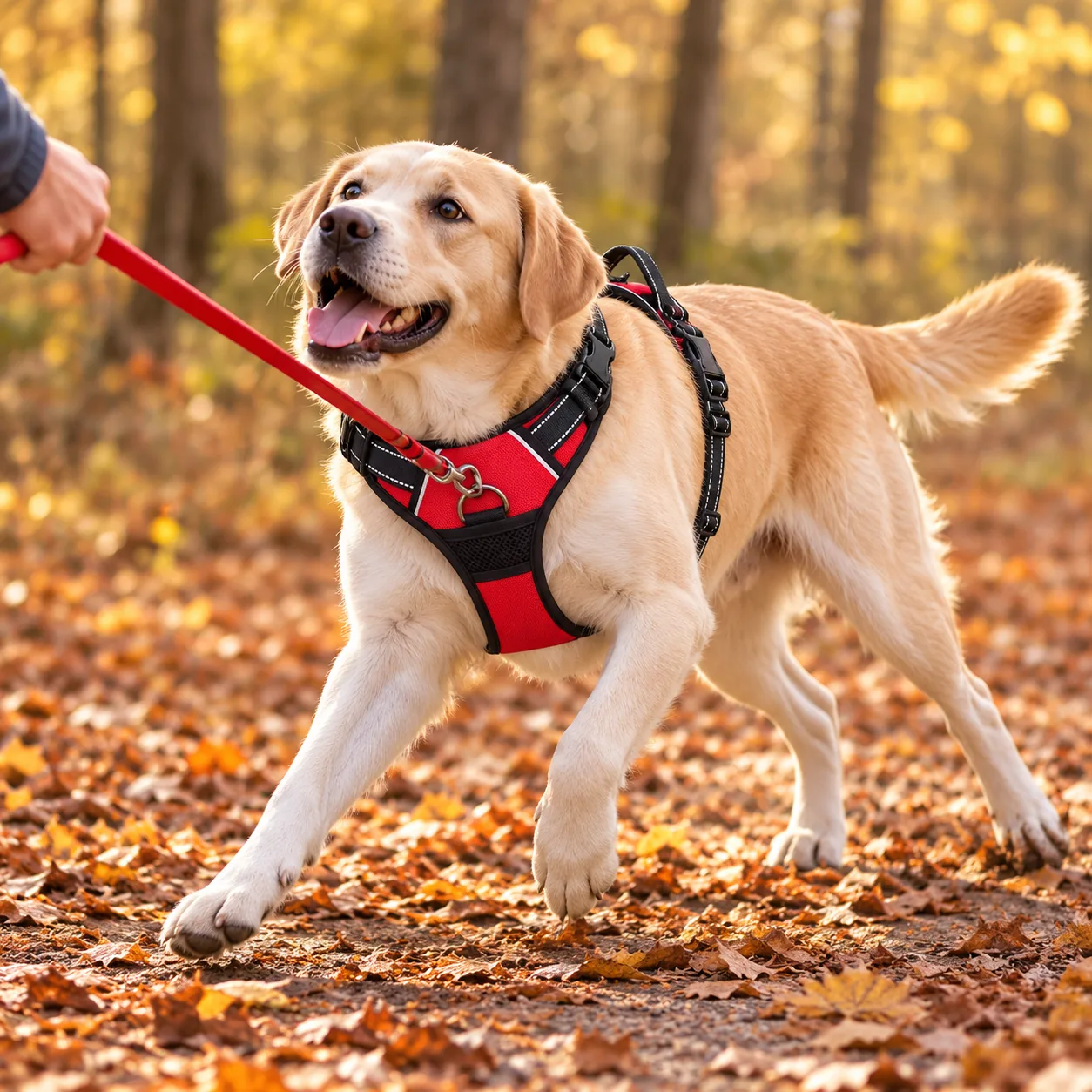 The same dog pulling against a leash clipped to the chest D-ring, its front end rotated back toward the handler and its front feet off balance