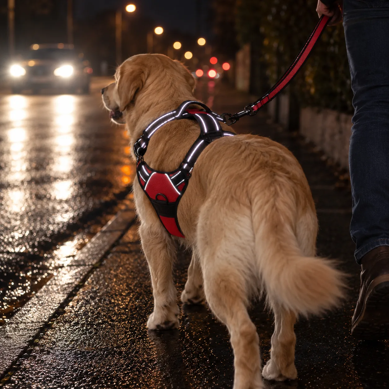 Dog walking beside a wet suburban road at night, car headlights striking the harness so the reflective piping blazes in continuous bright lines