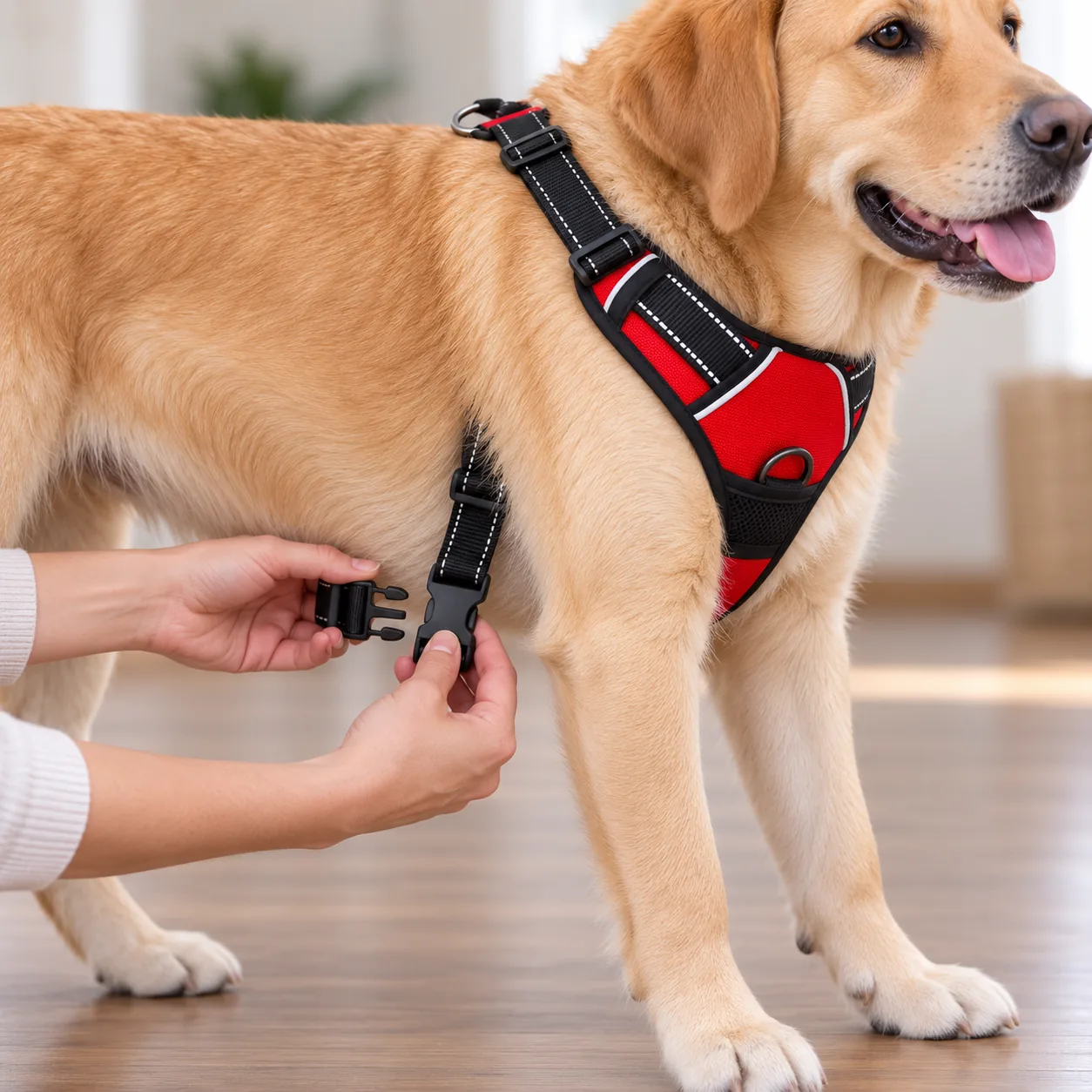 Hands bringing the two halves of the black side-release buckle together on the girth strap, under the dog and behind the front legs