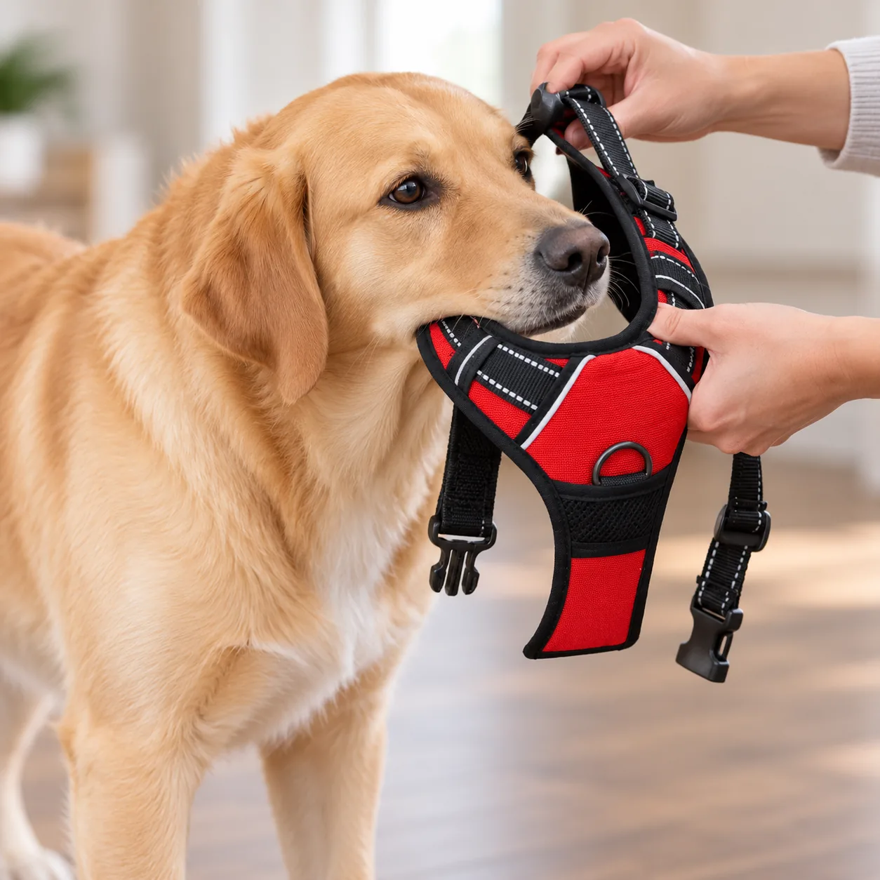 Two hands holding the padded neck opening of the harness stretched wide open while the dog moves its head forward into it