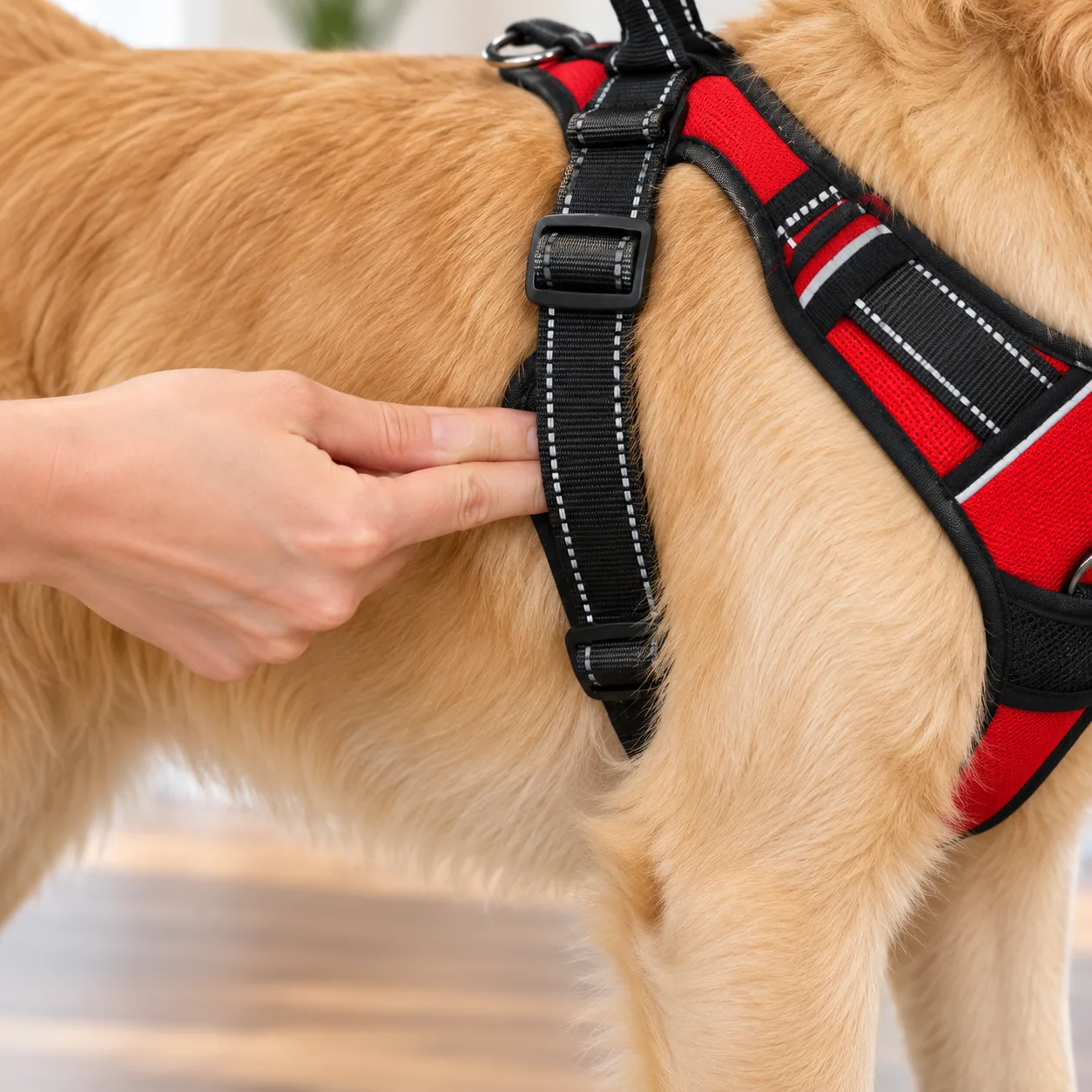 Close-up of two fingers held flat and side by side sliding edgewise under the girth strap of a fitted harness
